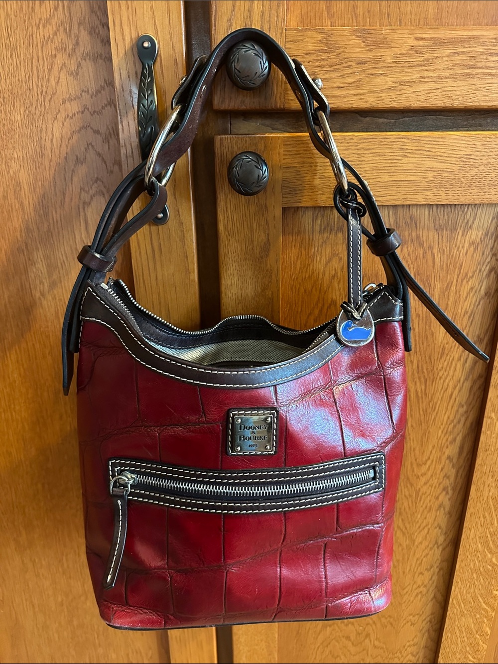 Dooney & Bourke Burgundy Croc-Embossed Leather Shoulder Bag with Dark Brown Trim